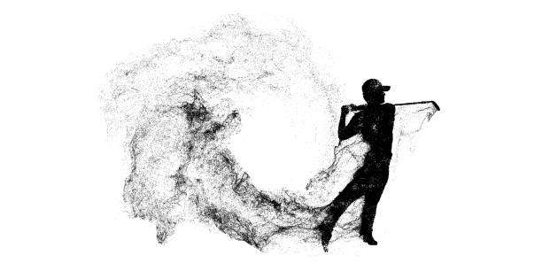 Abstract silhouette of a golfer swinging a golf club with a dramatic particle effect.