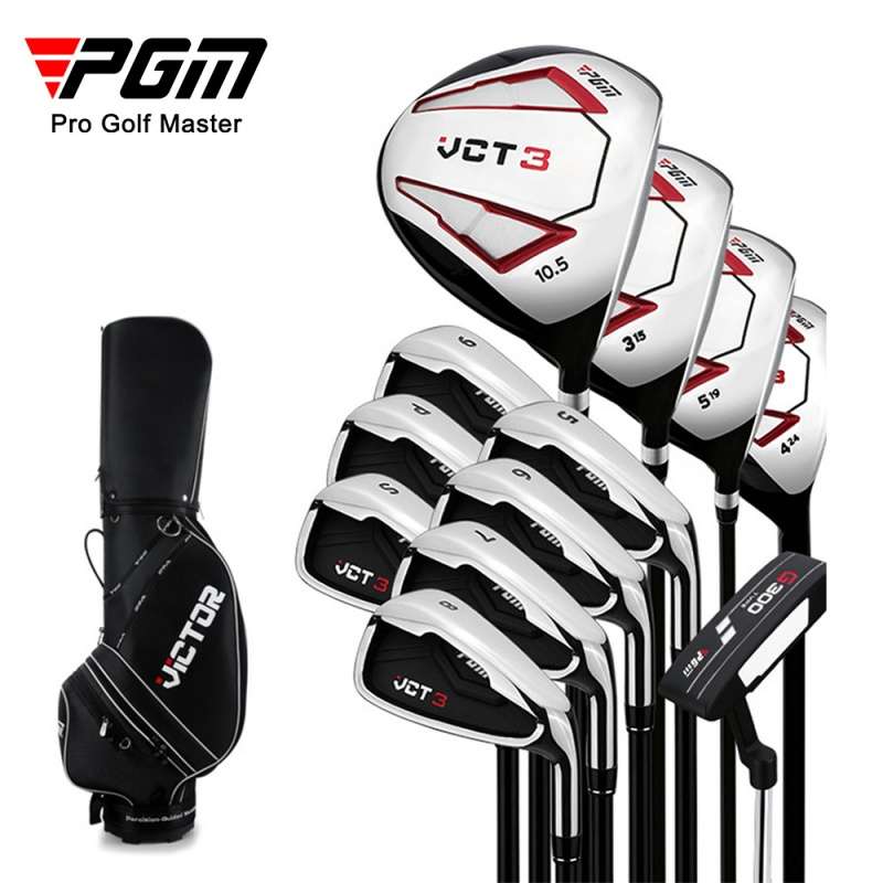 Complete PGM golf club set including irons, woods, putter, and matching bag.