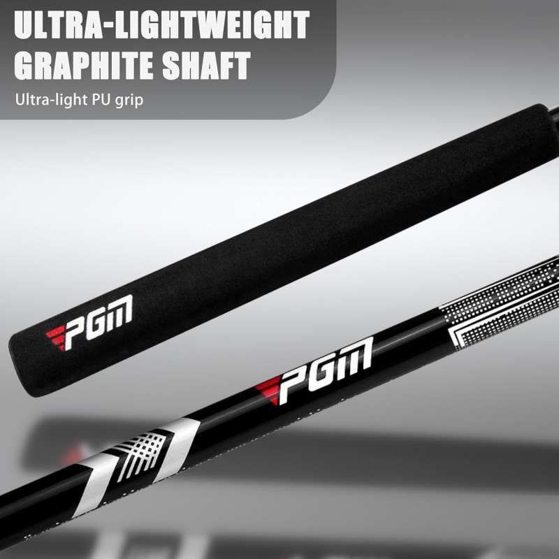Close-up of a PGM ultra-lightweight graphite shaft golf club with black grip.