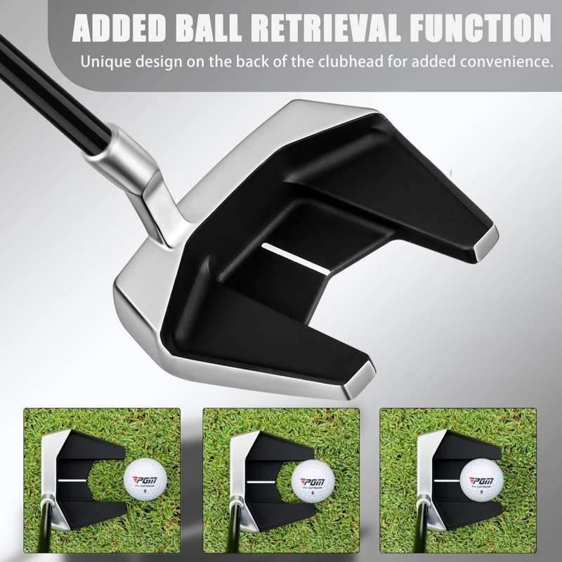 Close-up of a modern golf club putter with an added ball retrieval function.
